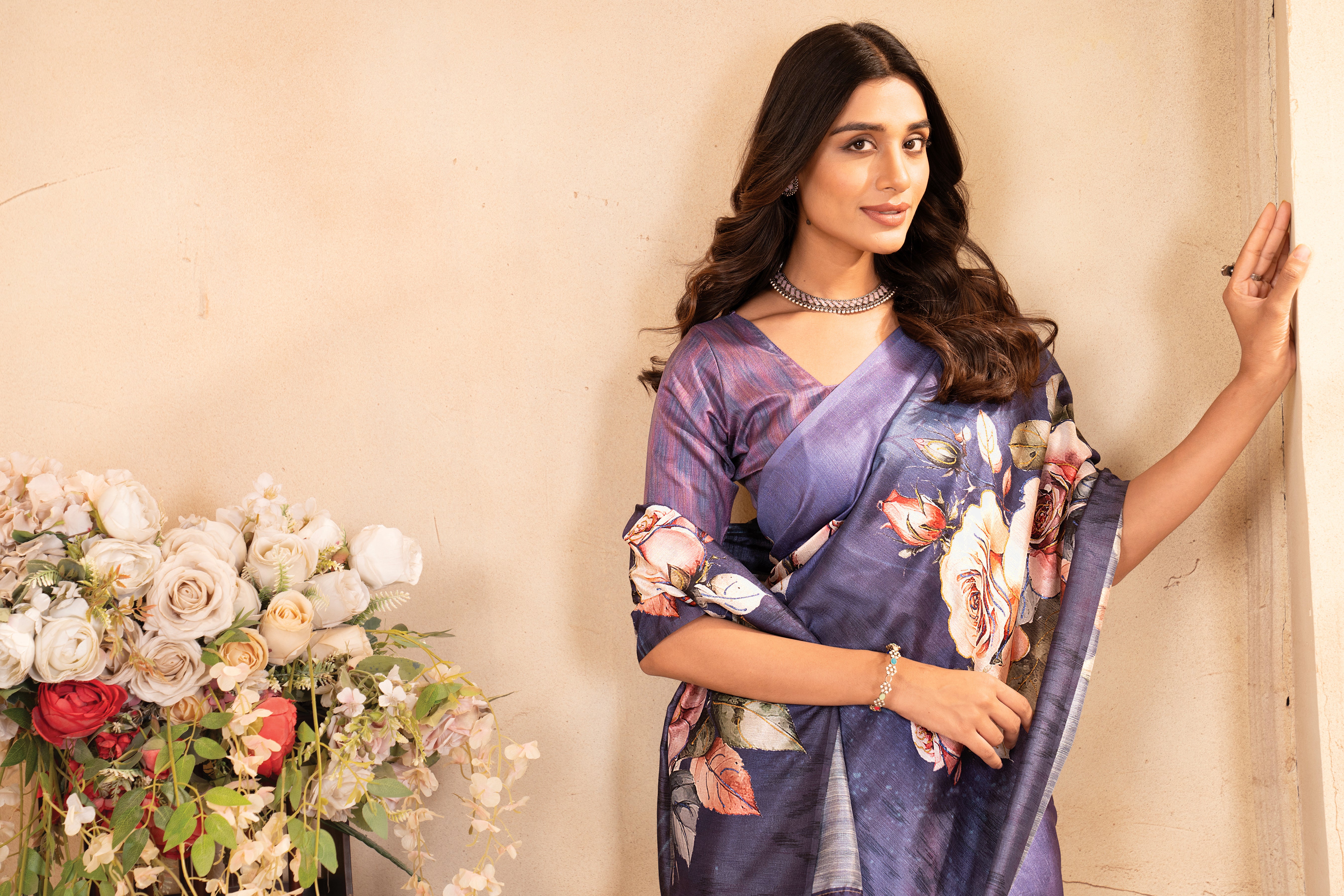 Lavender Tussar Silk  Floral Saree